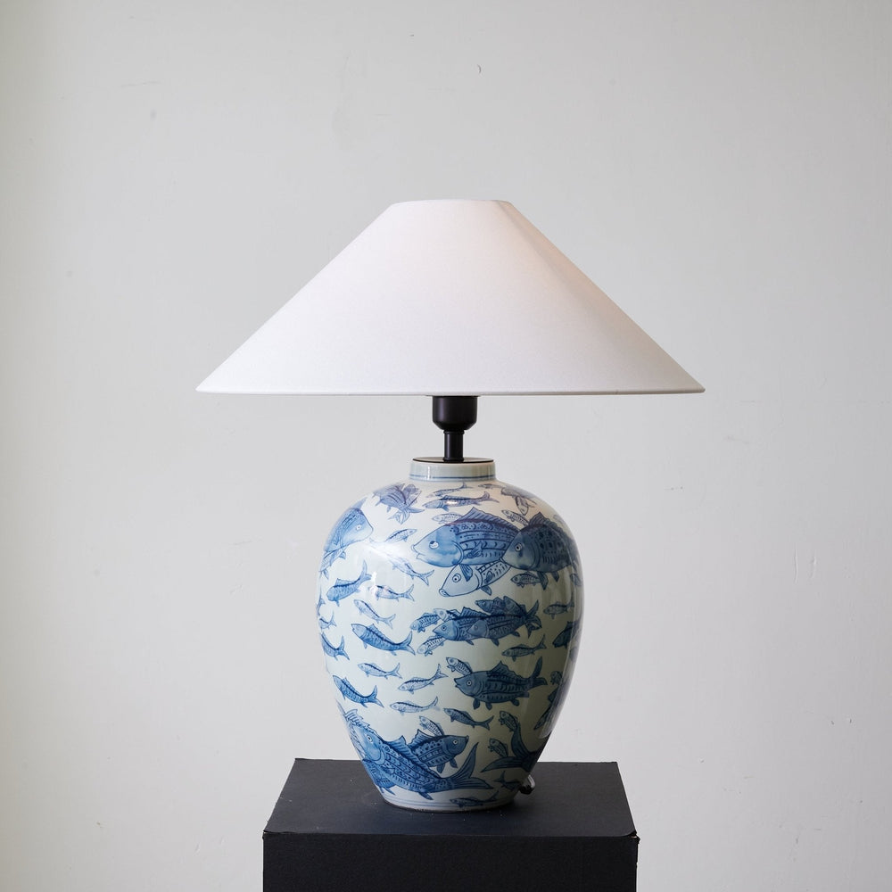 Blue Fish Porcelain Table Lamp White Linen Shade 19.7 in Set of 2 2