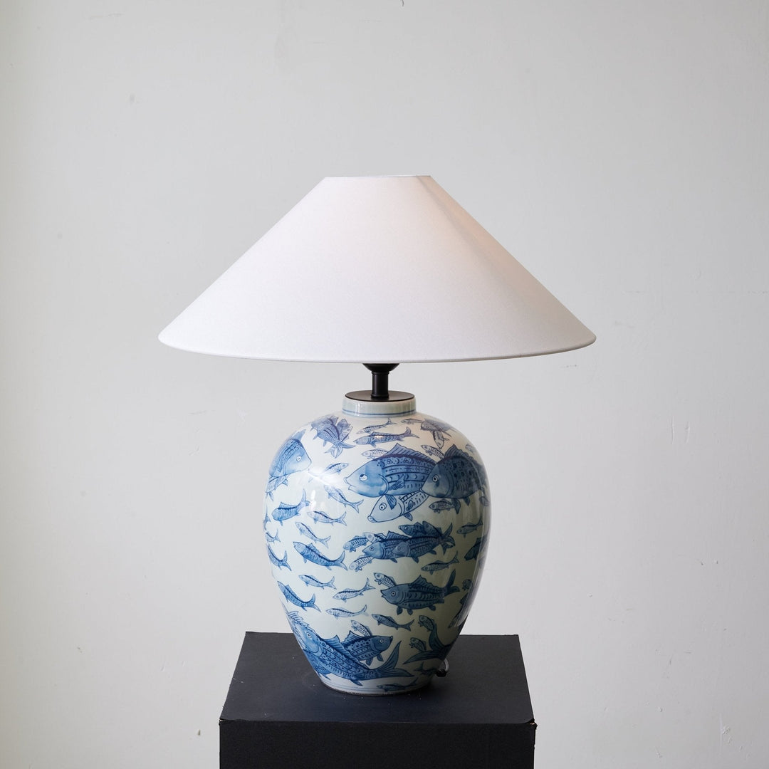 Blue Fish Porcelain Table Lamp White Linen Shade 19.7 in Set of 2 3