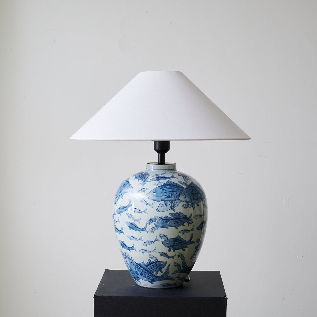 Blue Fish Porcelain Table Lamp White Linen Shade 19.7 in Set of 2 4