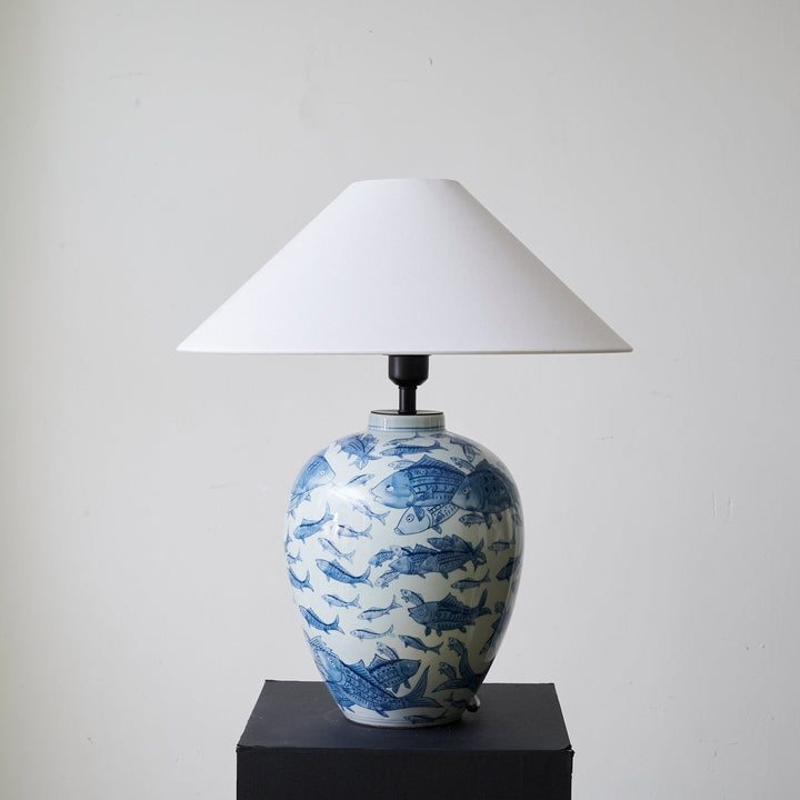 Blue Fish Porcelain Table Lamp White Linen Shade 19.7 in Set of 2 4