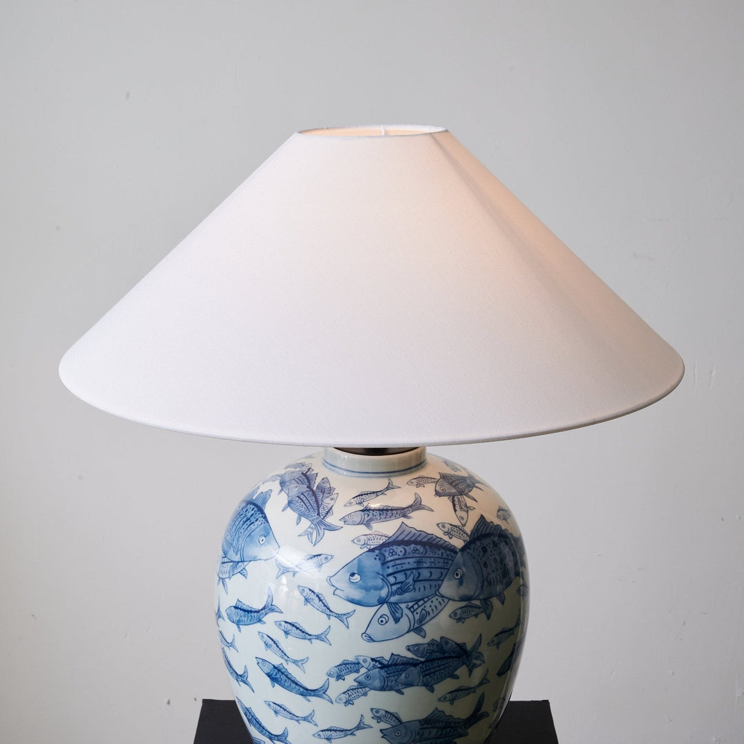 Blue Fish Porcelain Table Lamp White Linen Shade 19.7 in Set of 2 5