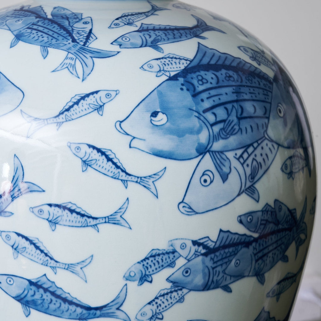 Blue Fish Porcelain Table Lamp White Linen Shade 19.7 in Set of 2 7