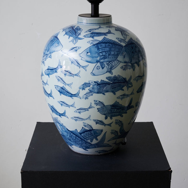 Blue Fish Porcelain Table Lamp White Linen Shade 19.7 in Set of 2 8