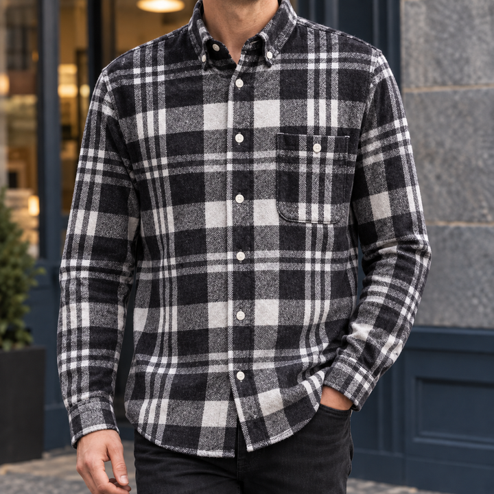 Brushed Cotton Blend Plaid Shirt Black Gray Plaid 1