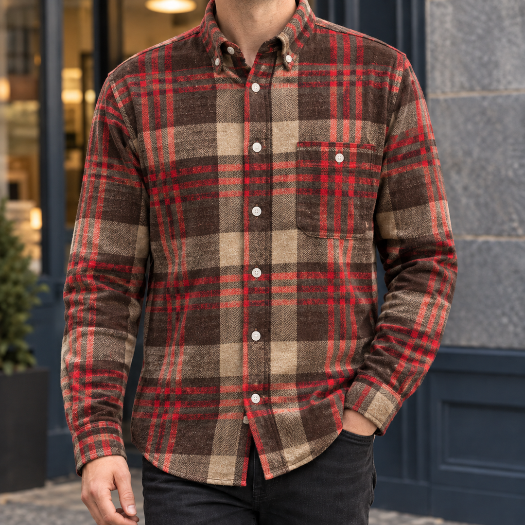 Brushed Cotton Blend Plaid Shirt Brown Red Plaid 1