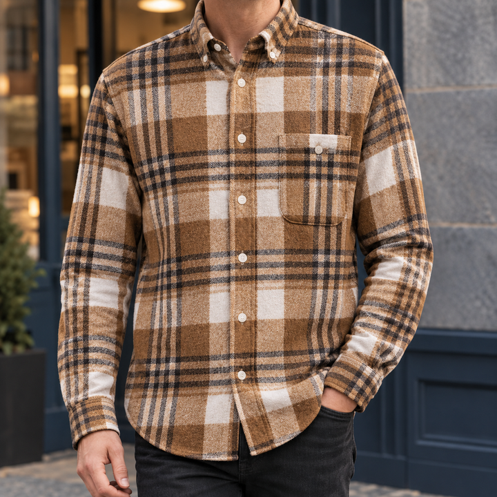 Brushed Cotton Blend Plaid Shirt Camel Cream Plaid 1
