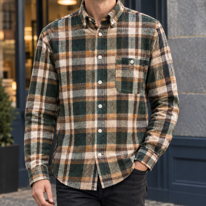 Brushed Cotton Blend Plaid Shirt Forest Green Tan Plaid 1