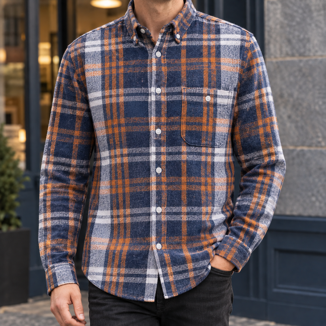 Brushed Cotton Blend Plaid Shirt Navy Orange Plaid 1