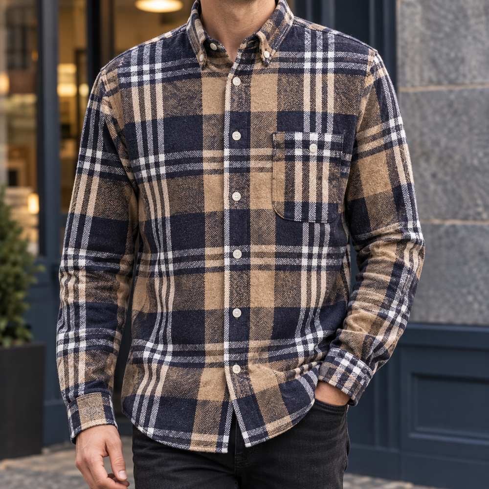 Brushed Cotton Blend Plaid Shirt Tan Navy Plaid 1