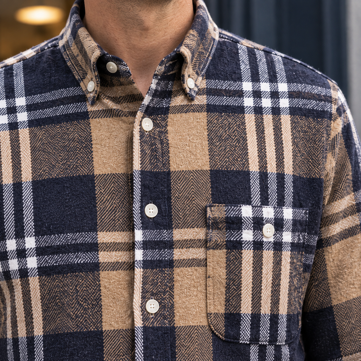 Brushed Cotton Blend Plaid Shirt Tan Navy Plaid 2