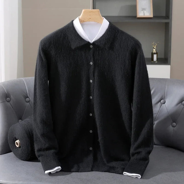 Brushed Knit Polo Collar Cardigan Black 1