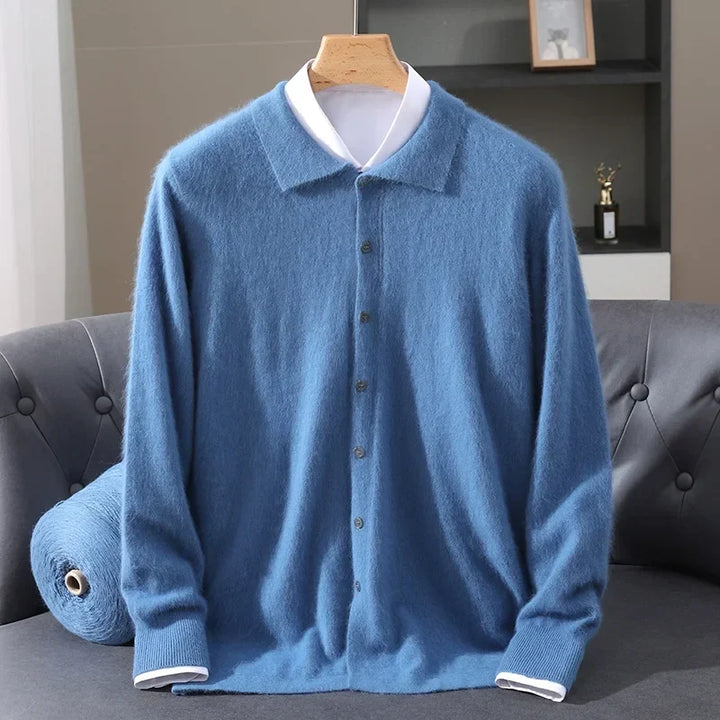 Brushed Knit Polo Collar Cardigan Blue 1