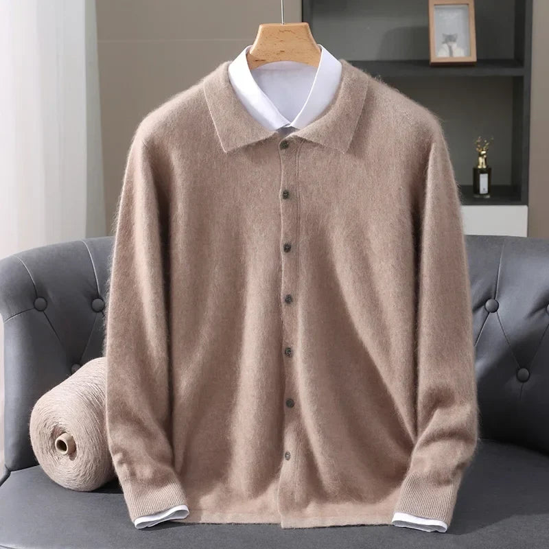 Brushed Knit Polo Collar Cardigan Camel 1