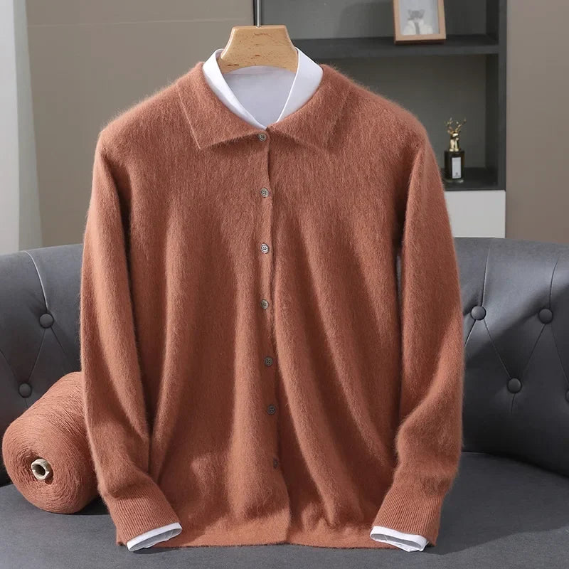Brushed Knit Polo Collar Cardigan Rust 1
