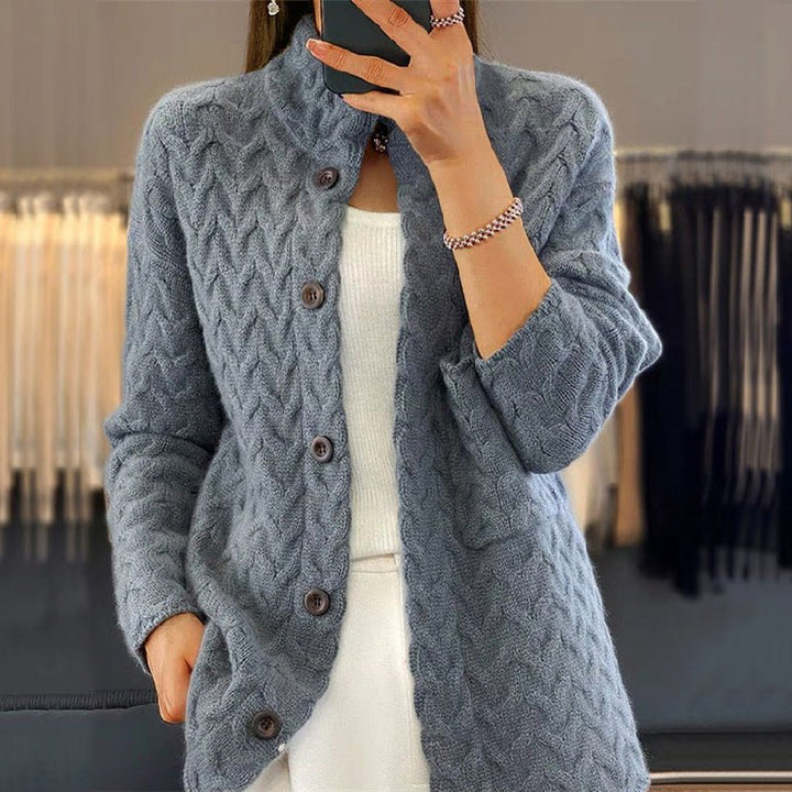 Cable Knit High Neck Button Cardigan Blue Gray 1