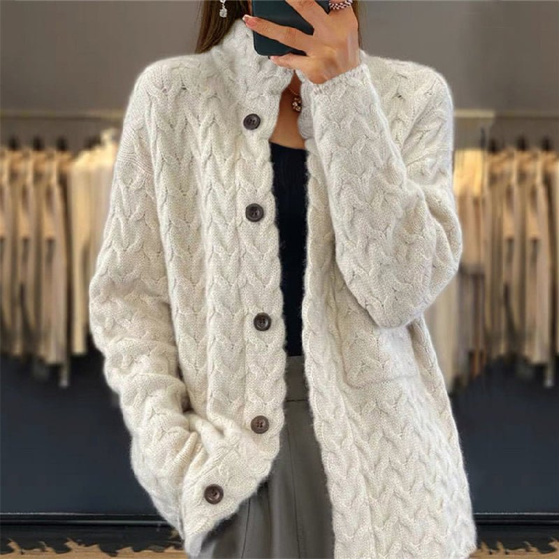 Cable Knit High Neck Button Cardigan Ivory 1