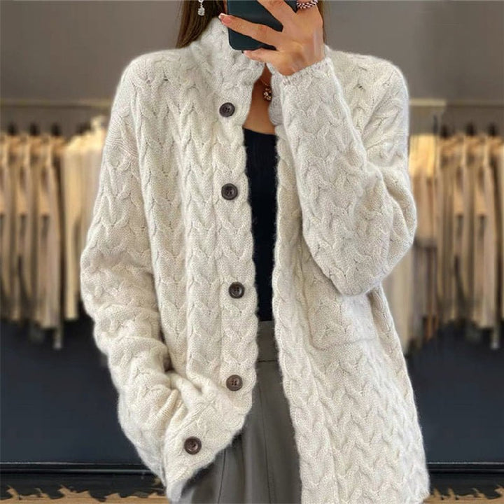 Cable Knit High Neck Button Cardigan Ivory 1