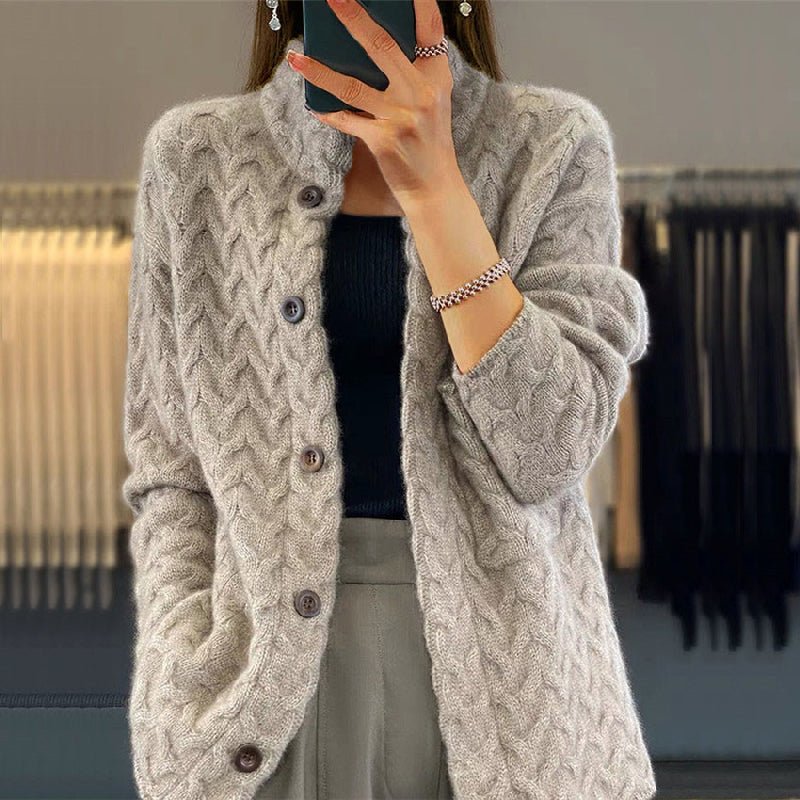 Cable Knit High Neck Button Cardigan Light Gray 1