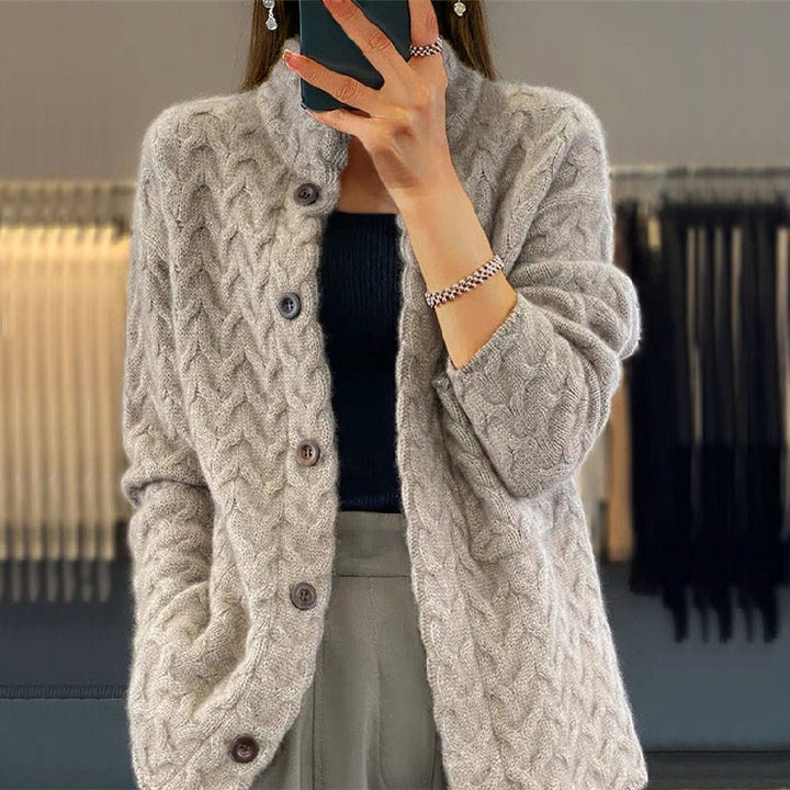 Cable Knit High Neck Button Cardigan Light Gray 1