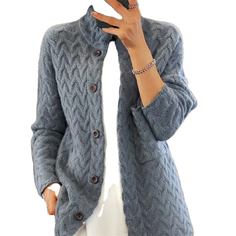 Cable Knit High Neck Button Cardigan on white