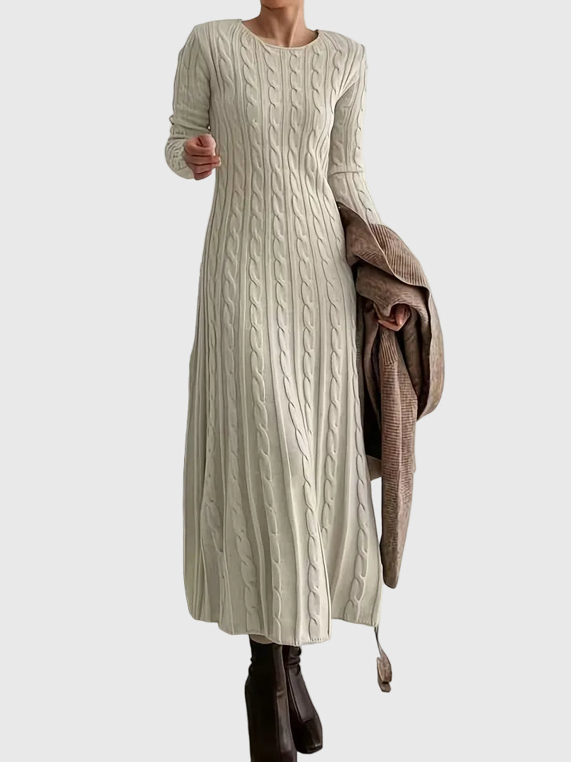 Cable Knit Maxi Sweater Dress Long Sleeves Beige 1