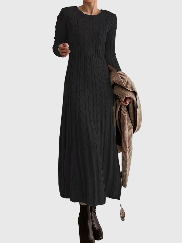 Cable Knit Maxi Sweater Dress Long Sleeves Black 1