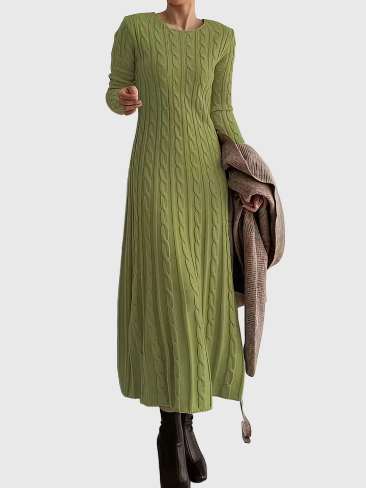 Cable Knit Maxi Sweater Dress Long Sleeves Olive Green 1