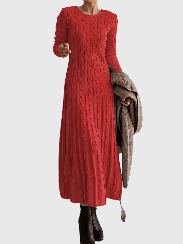 Cable Knit Maxi Sweater Dress Long Sleeves Red 1