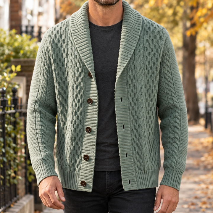 Cable Knit Shawl Collar Cardigan Button Front Sage Green 1
