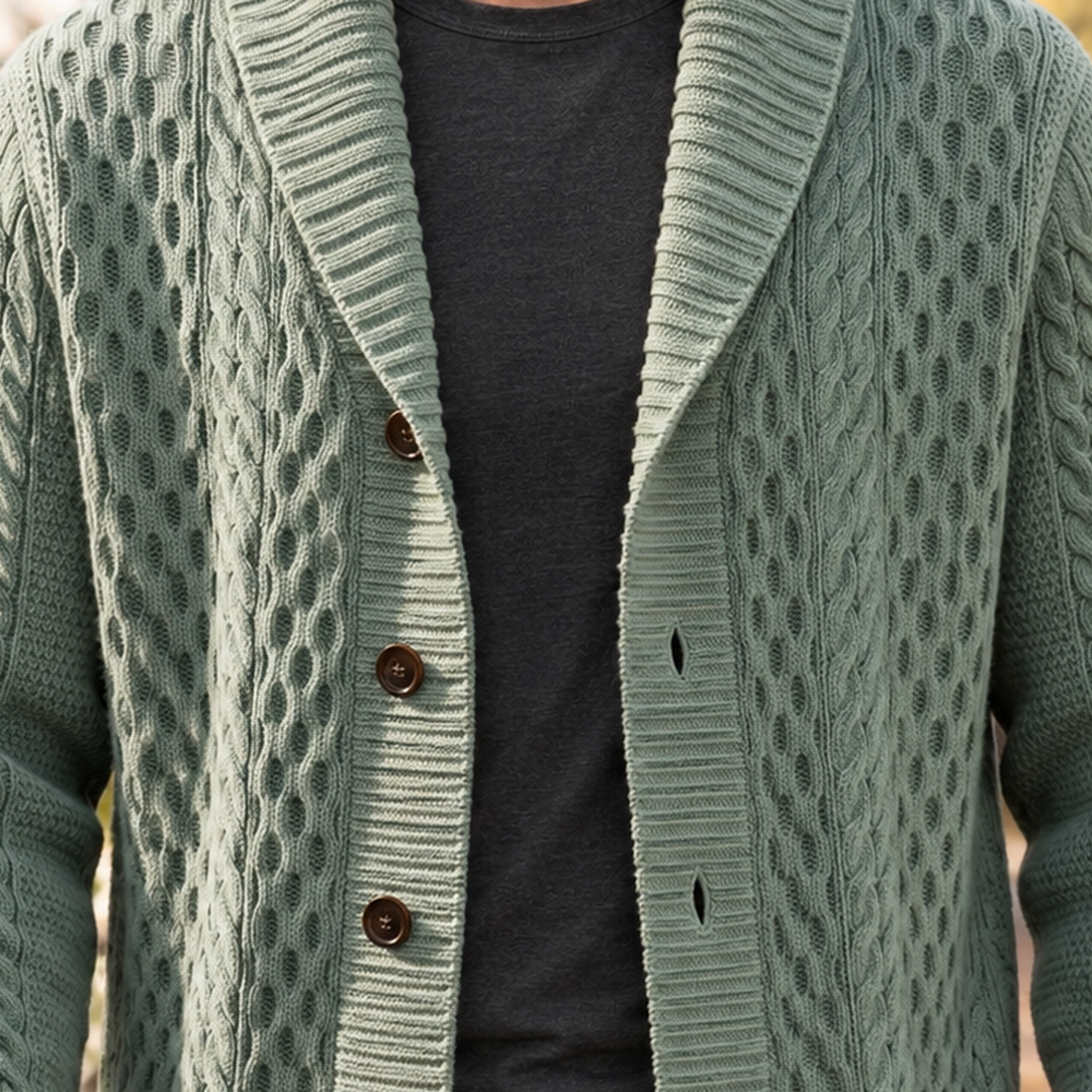 Cable Knit Shawl Collar Cardigan Button Front Sage Green 2
