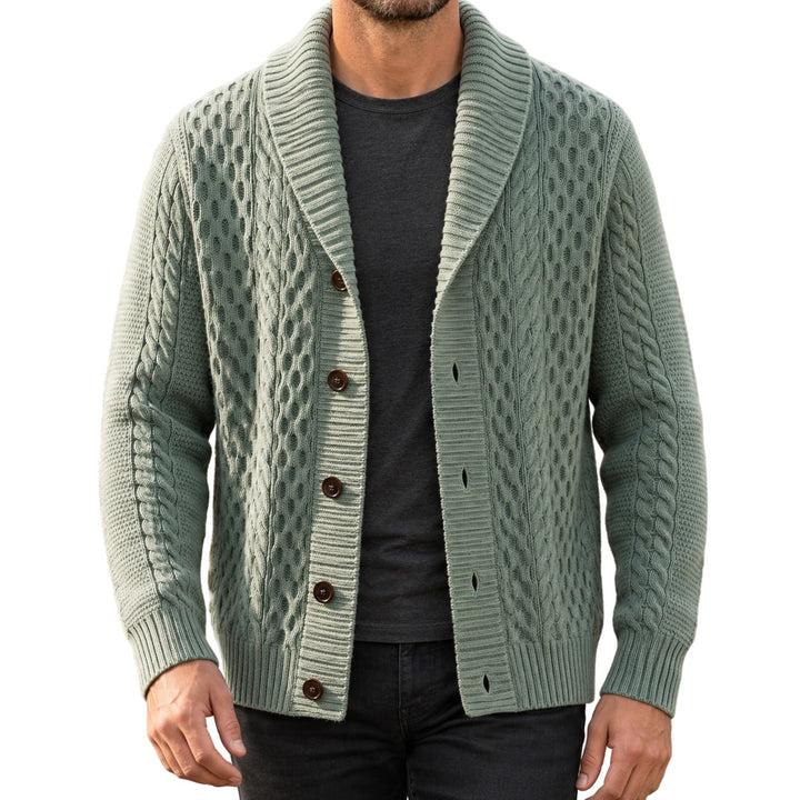 Cable Knit Shawl Collar Cardigan Button Front on white