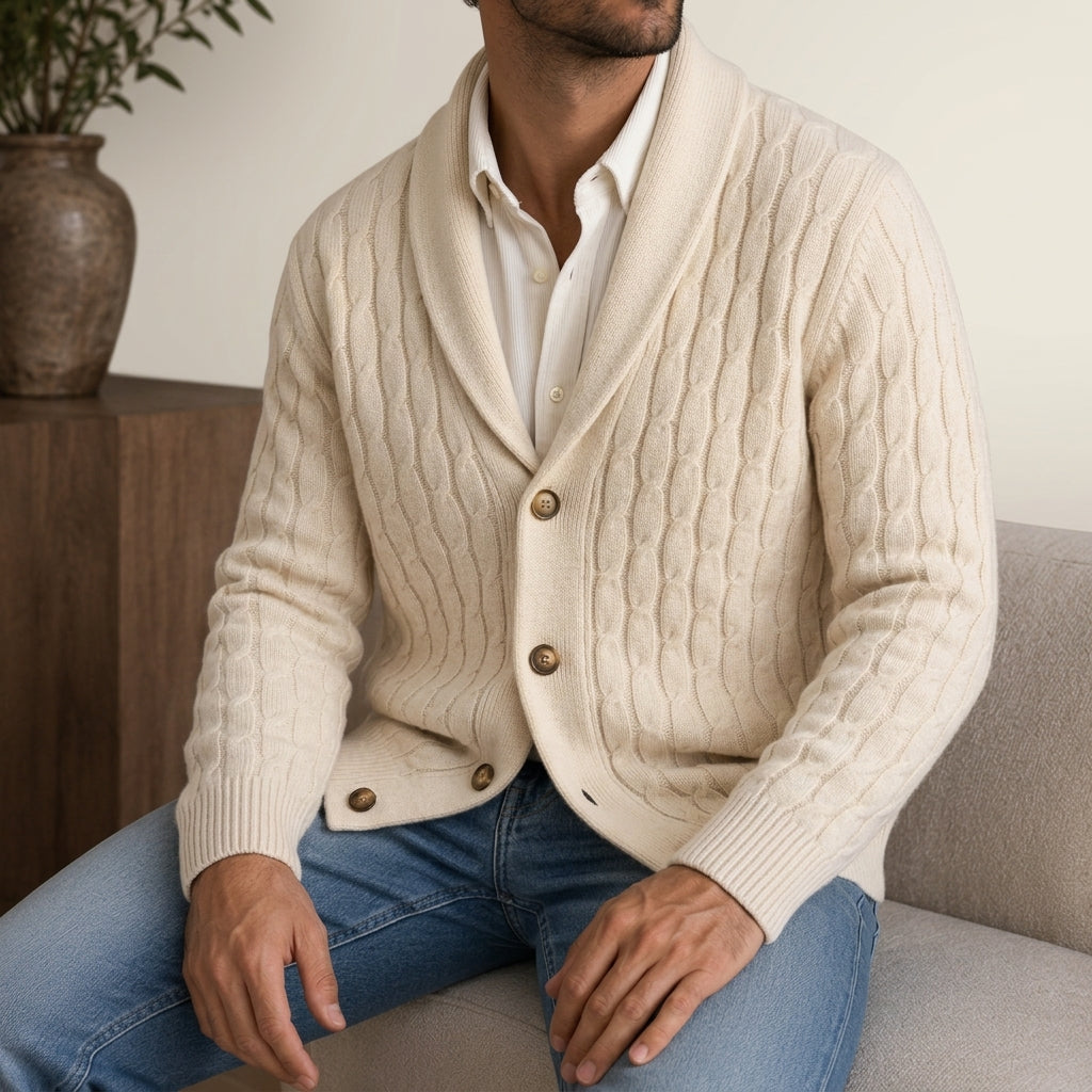 Cable Knit Wool Blend Shawl Collar Cardigan Set of 3 Cream 1