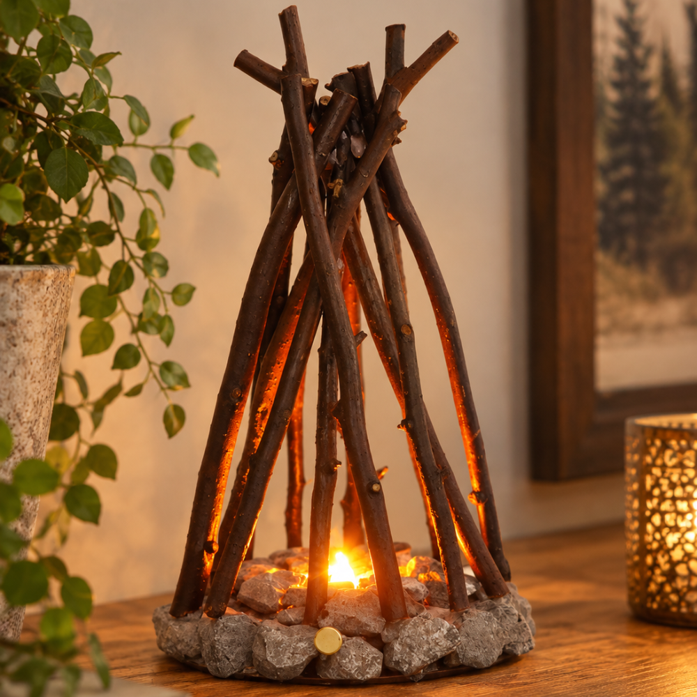 Campfire LED Lamp Rechargeable with Twig and Stone Base Large 1