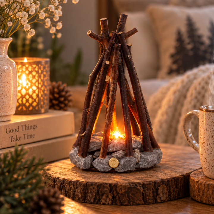 Campfire LED Lamp Rechargeable with Twig and Stone Base Small 1