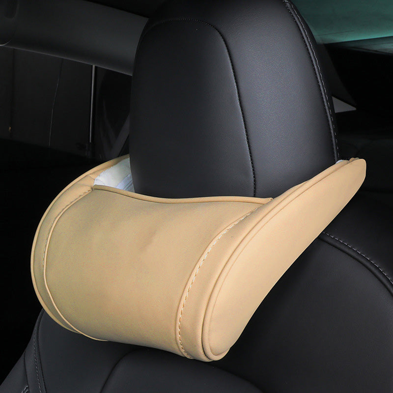 Car Headrest Pillow Memory Foam Microfiber Leather Beige 1