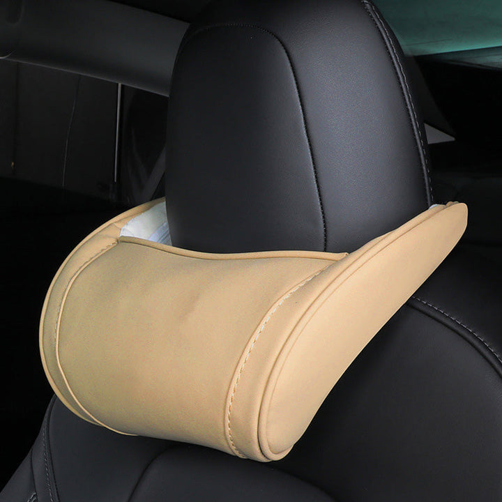 Car Headrest Pillow Memory Foam Microfiber Leather Beige 1