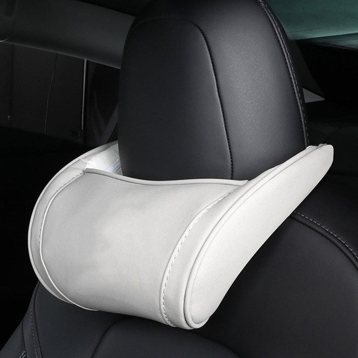 Car Headrest Pillow Memory Foam Microfiber Leather White 1