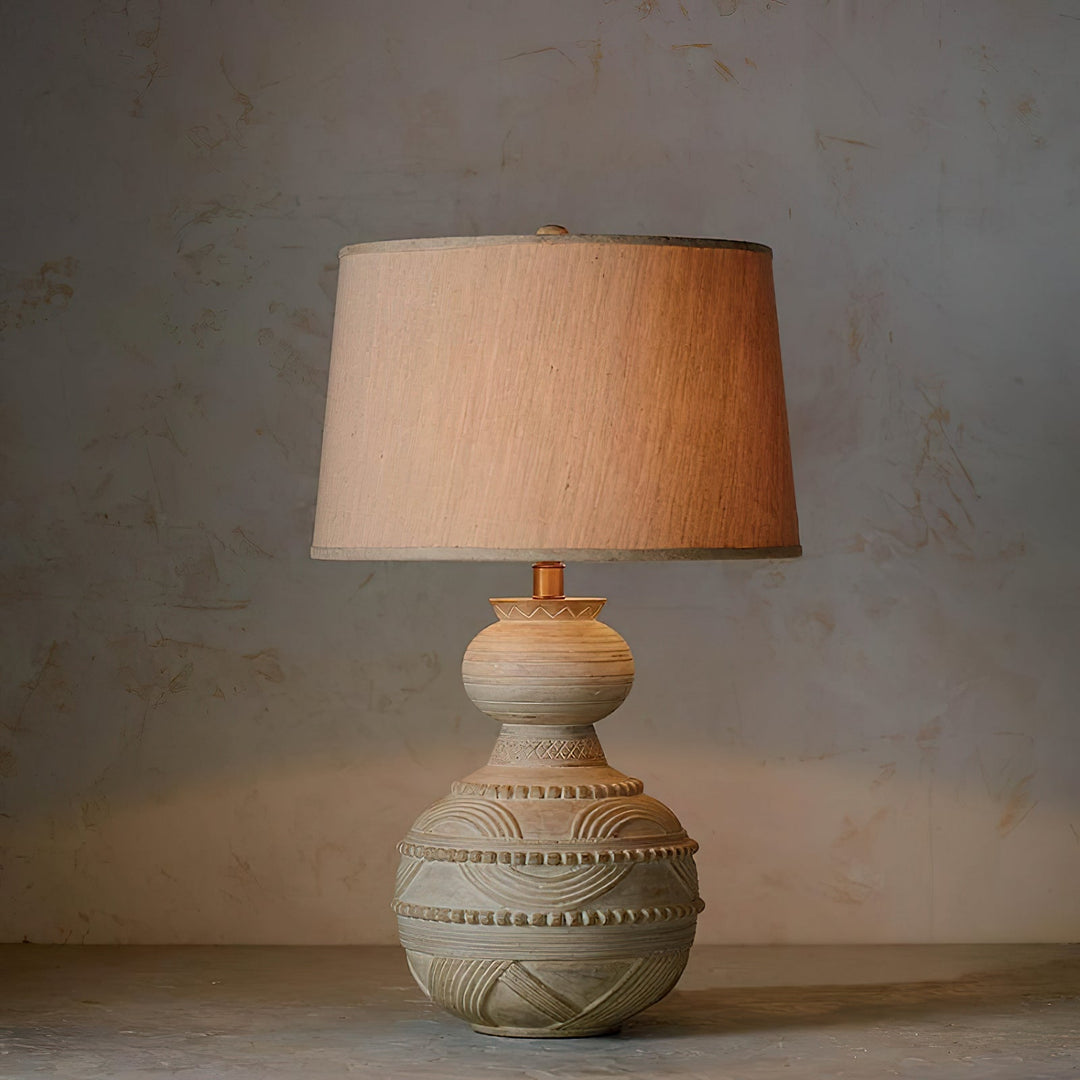 Carved Wood Table Lamp Patina Finish Fabric Shade 26 in 1