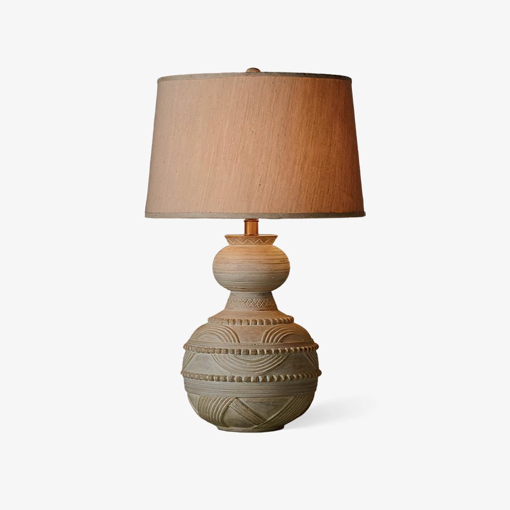 Carved Wood Table Lamp Patina Finish Fabric Shade 26 in 15 x 26 in 1