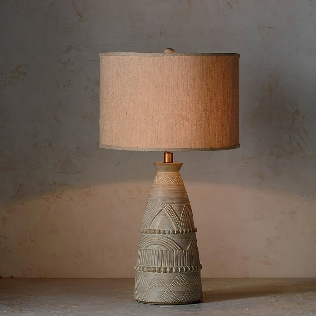 Carved Wood Table Lamp Patina Finish Fabric Shade 26 in 2