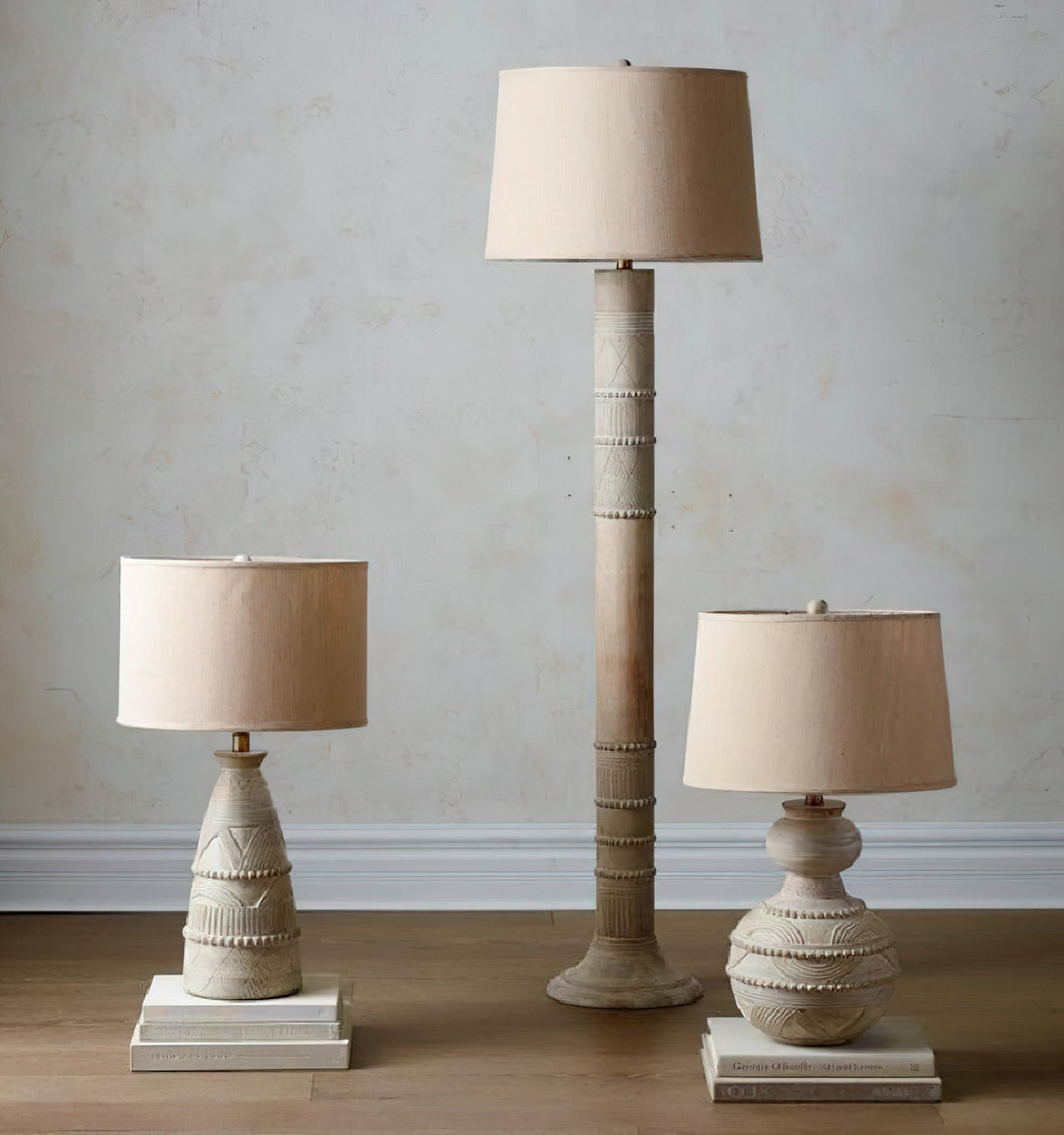 Carved Wood Table Lamp Patina Finish Fabric Shade 26 in 3