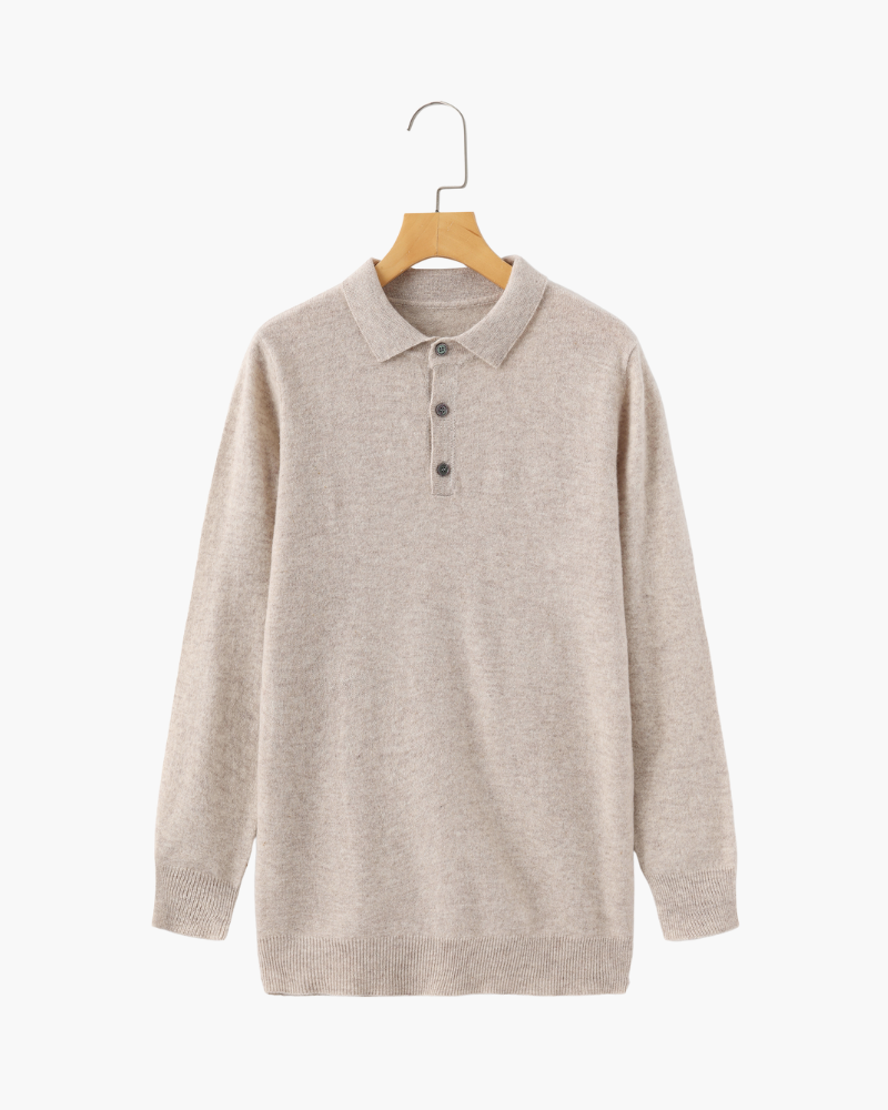 Cashmere Knit Long Sleeve Polo Sweater Beige 1