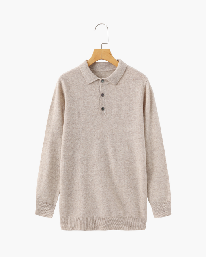 Cashmere Knit Long Sleeve Polo Sweater Beige 1