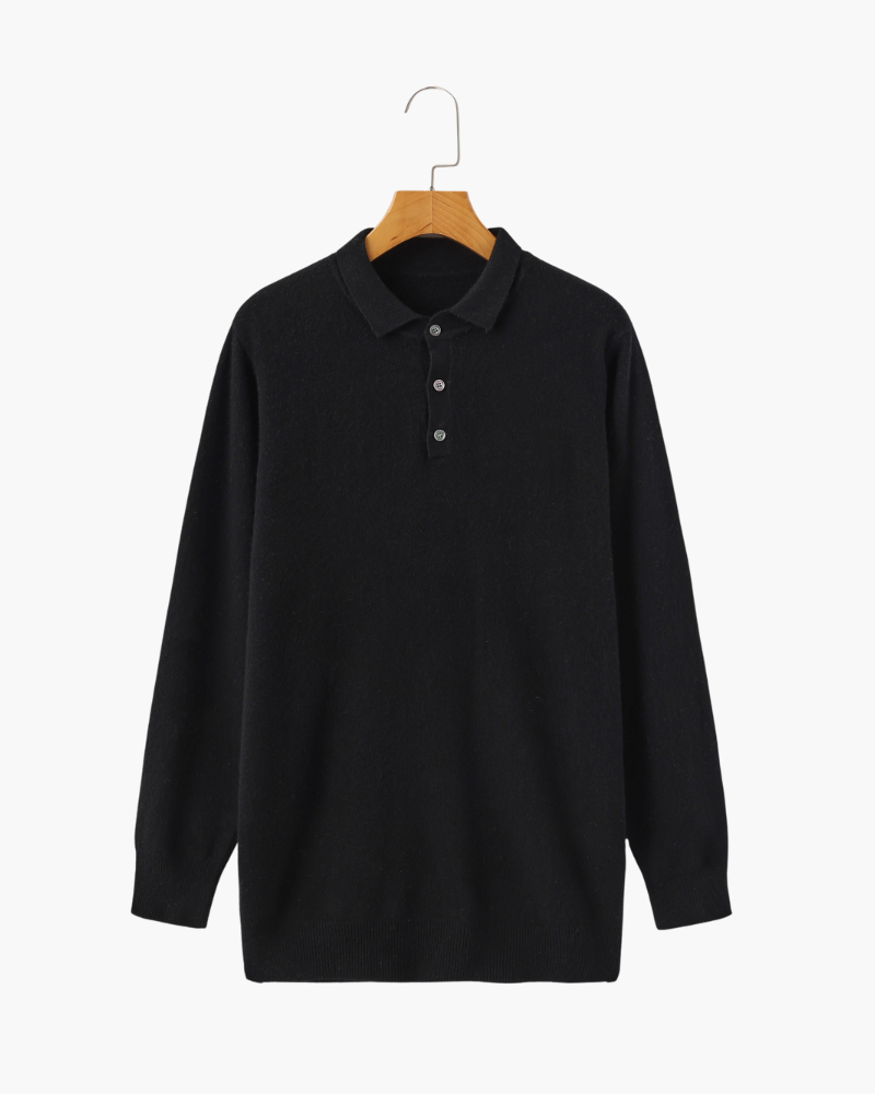 Cashmere Knit Long Sleeve Polo Sweater Black 1