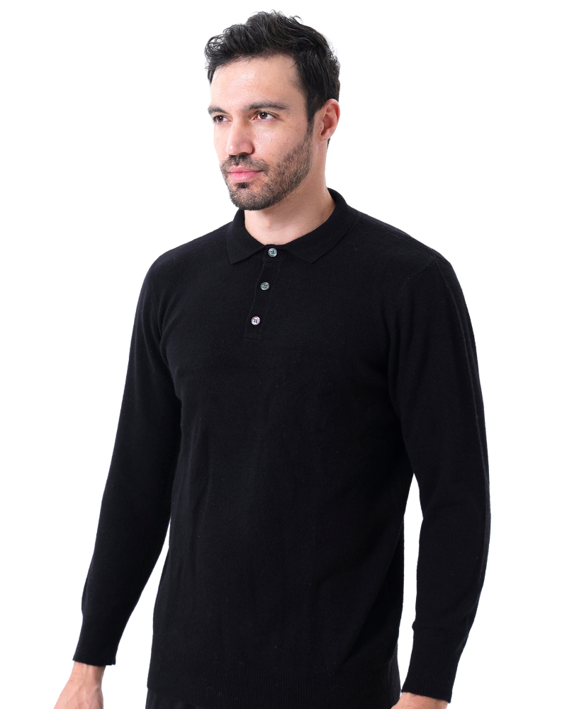 Cashmere Knit Long Sleeve Polo Sweater Black 2