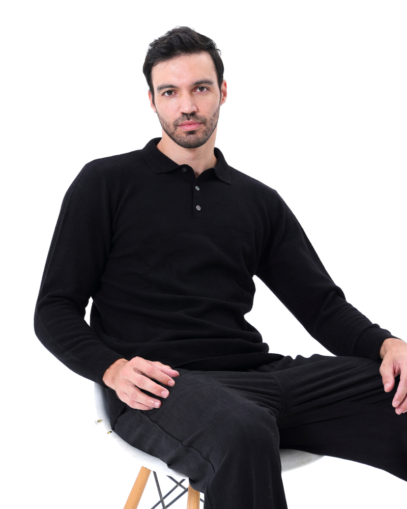 Cashmere Knit Long Sleeve Polo Sweater Black 4