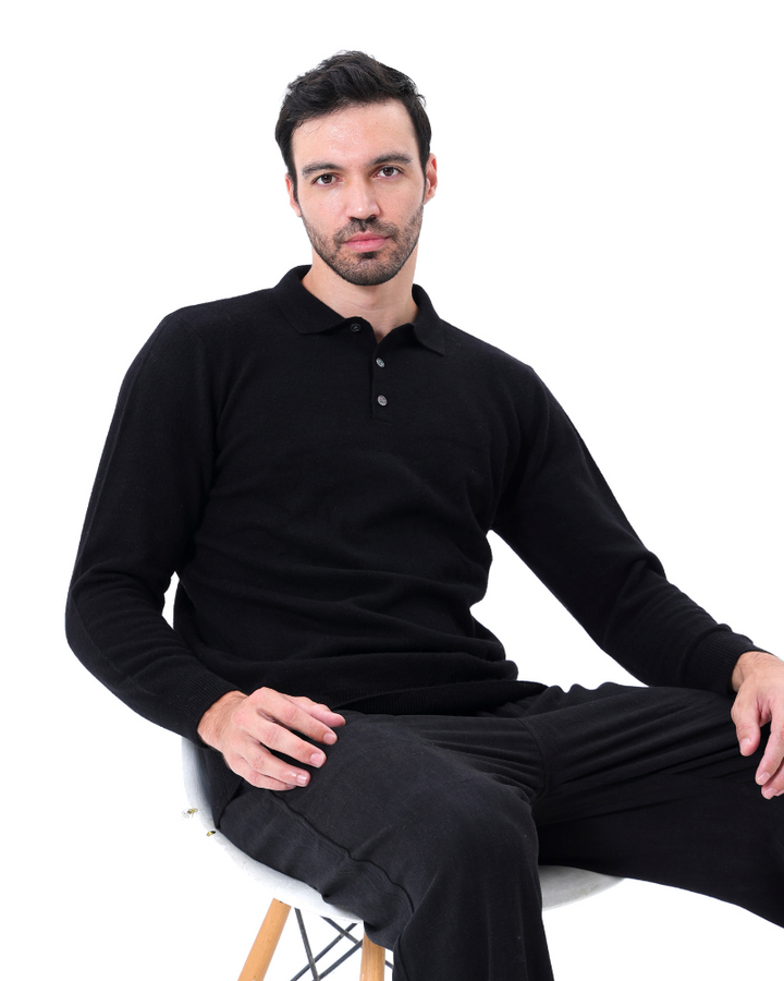 Cashmere Knit Long Sleeve Polo Sweater Black 4