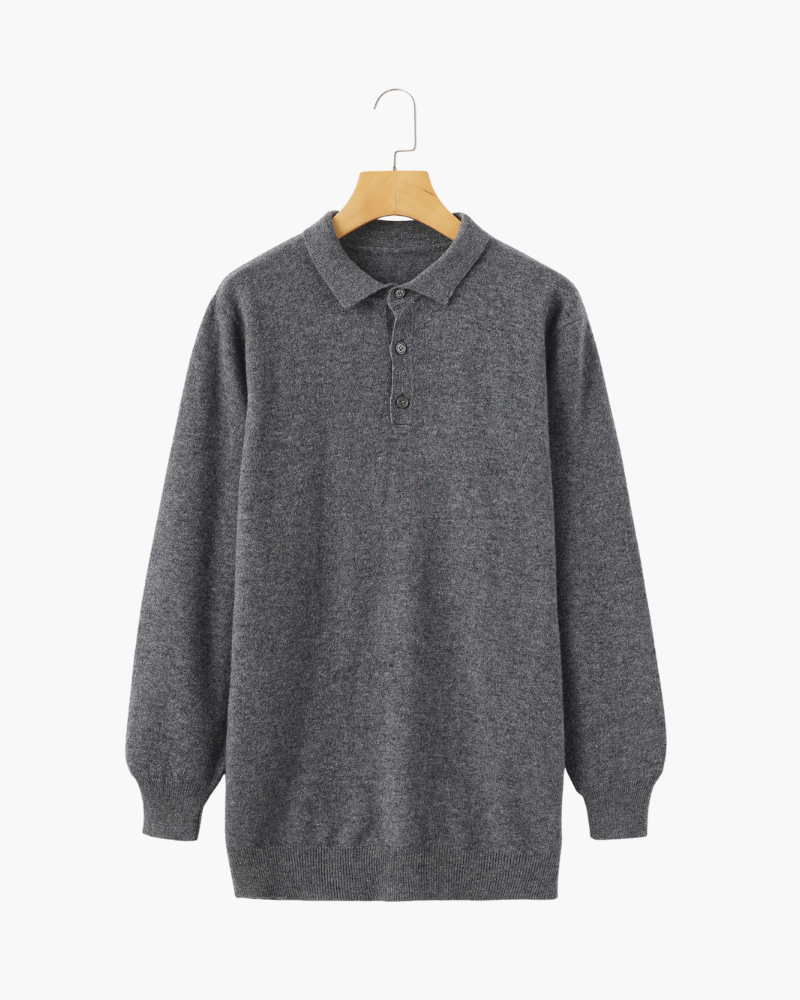 Cashmere Knit Long Sleeve Polo Sweater Light Gray 1