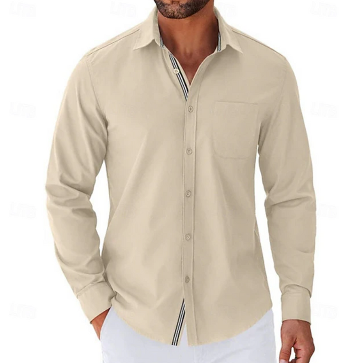 Casual Button Down Shirt Chest Pocket Beige 1