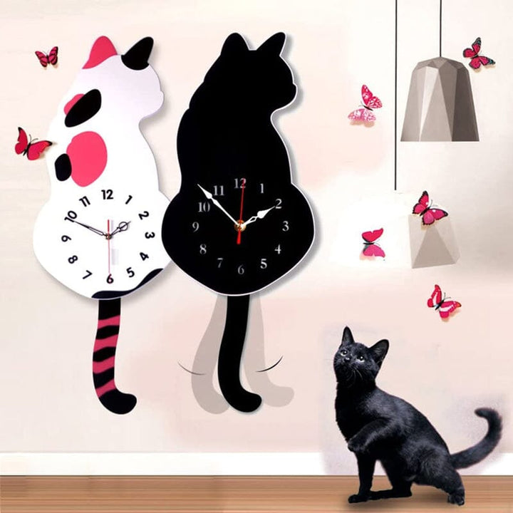 Cat Wall Clock Wagging Tail Acrylic 16.5 x 7 Inch Set of 3 2